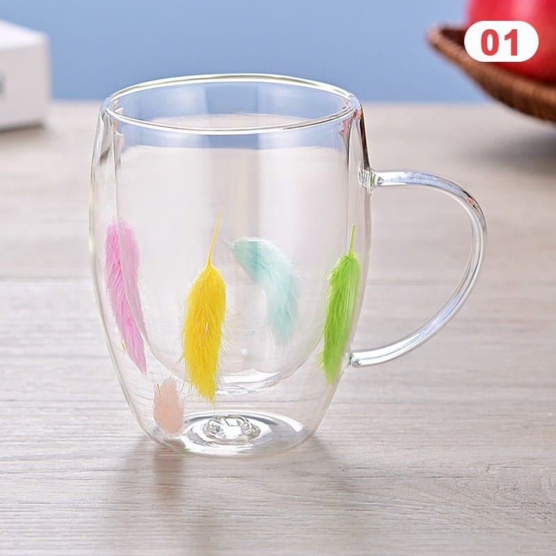 Picture of Creative Feather Double Wall Glass Mug-Multicolor