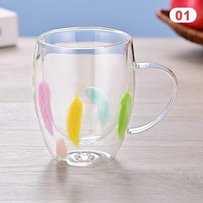 Picture of Creative Feather Double Wall Glass Mug-Multicolor
