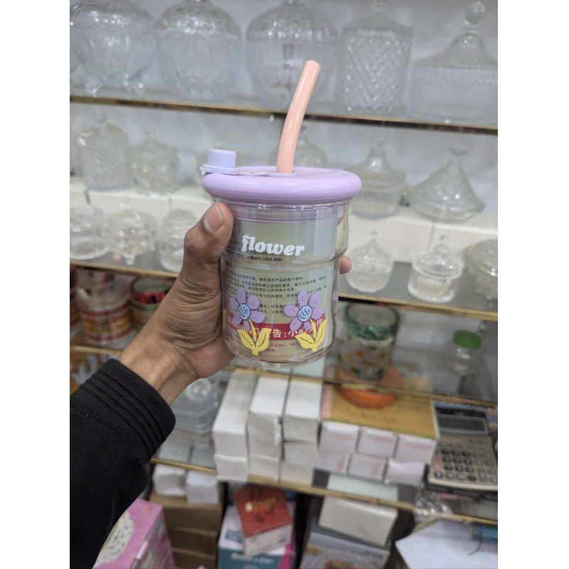 Picture of Aesthetic Purple Flower Power Glass Tumbler 16oz (500ml) with Lid & Straw | Reusable Borosilicate Glass Iced Coffee Cup & Juice Bottle with Infuser Design for Women & Girls on the go Travel Use-Multicolor
