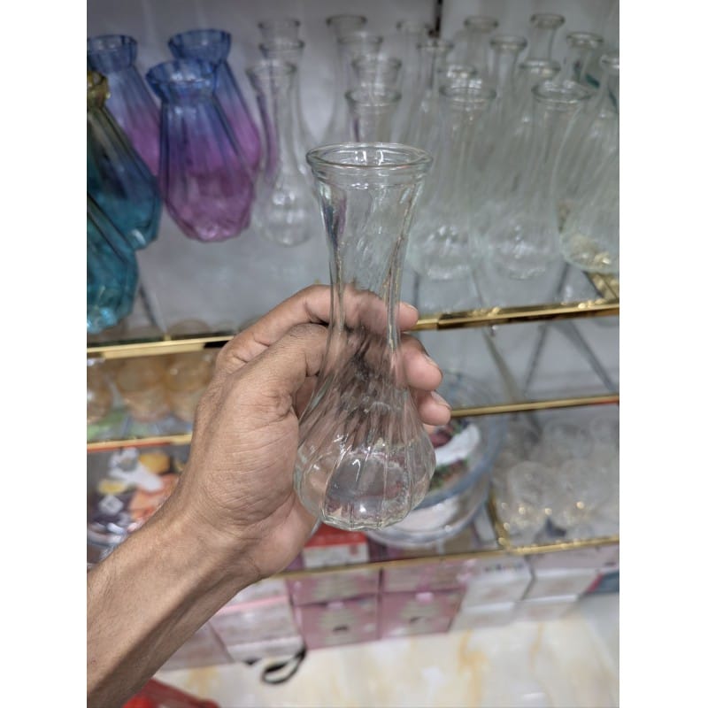 Picture of Elegant Clear Swirl Glass Bud Vase for Single Stem Flowers, Decorative Ribbed Small Glass Vase for Modern Home Decor, Wedding Centerpieces, and Office Tabletop Arrangements - 6 Inch Tall Vintage Style Glassware.-Multicolor