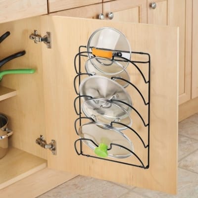 Picture of 1 pcs Metal Wire Pot and Pan Lid Rack Organizer for Kitchen Cabinet Doors or Wall Mount - Upright Storage Holder with 5 Slots - Black-Black