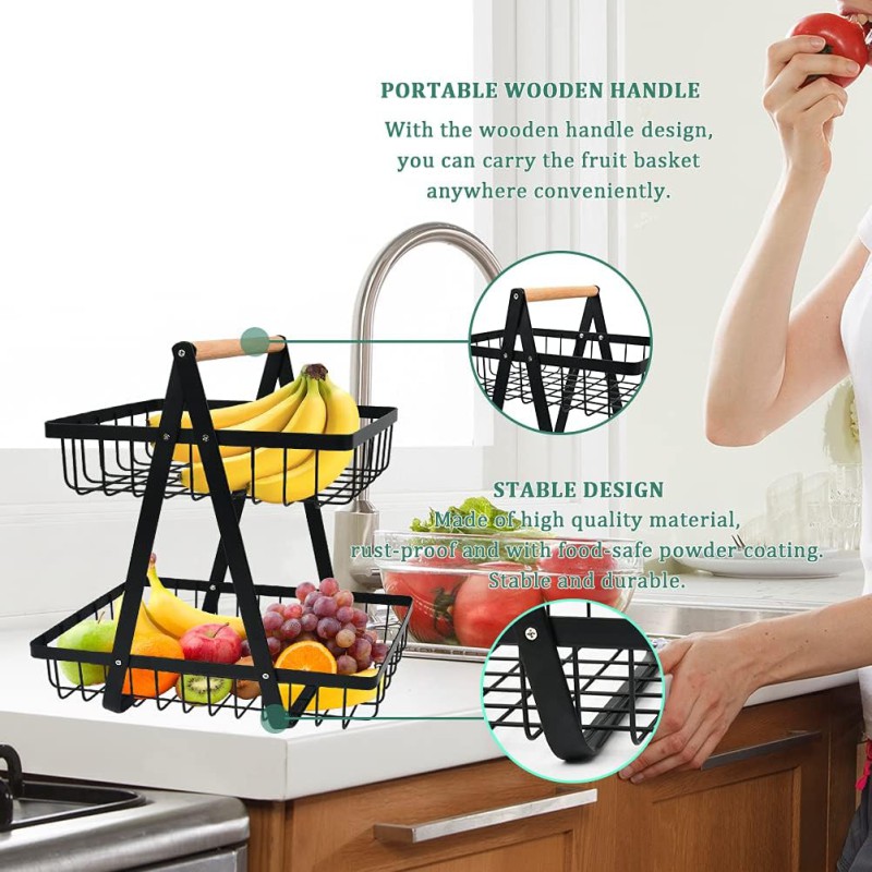 Picture of 2-Tier Fruit Basket,Fruit Bowl Holder Bread Basket Vegetable Rack, Detachable Fruit Holder for Fruit, Vegetables, Snacks in Home, Kitchen Office-Black