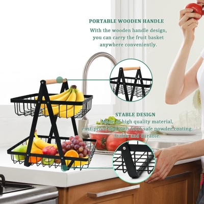 Picture of 2-Tier Fruit Basket,Fruit Bowl Holder Bread Basket Vegetable Rack, Detachable Fruit Holder for Fruit, Vegetables, Snacks in Home, Kitchen Office-Black