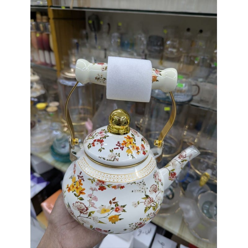 Picture of Premium Quality Favourite Floral Enamel Tea Kettle with Heat Resistant Ceramic Handle Durable Carbon Steel Construction Elegant Rose Design Porcelain Coating Suitable for Induction Gas Electric Stovetop Boiling Water Teapot Home.-Multicolor