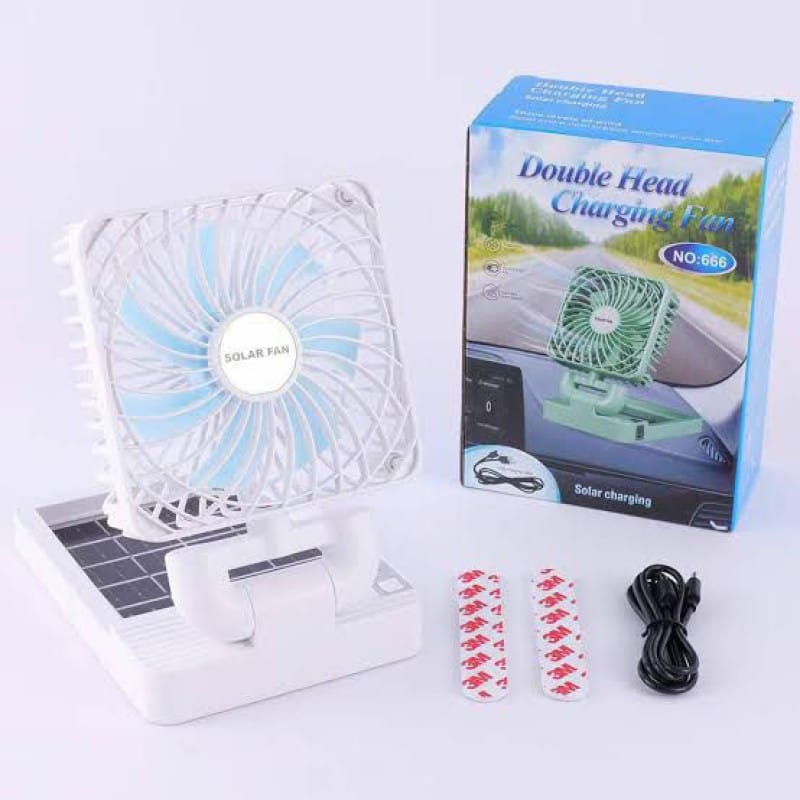 Picture of Portable Solar Rechargeable Fan Model SD-666 with Dual Charging System, High Capacity 2400mAh Lithium Battery, 3 Speed Modes, 360 Degree Rotation and Foldable Design for Office Home Car and Outdoor Emergency Use.-Multicolor