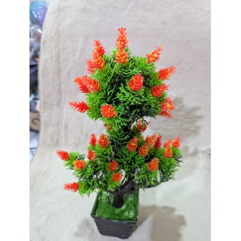 Picture of Realistic Artificial Tiered Bonsai Pine Tree with Vibrant Orange Cone Flowers and Black Textured Decorative Pot for Home Office Tabletop-Multicolor