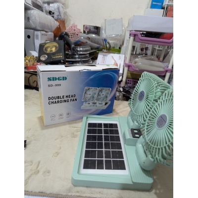 Picture of High-Performance Double Head Solar Charging Fan SDGD SD-999 Rechargeable Battery Powered Portable Cooling Desktop Fan with Attached Solar Panel and USB Charging Support for Home Office Cars Travel Outdoors Emergency Use.-Multicolor