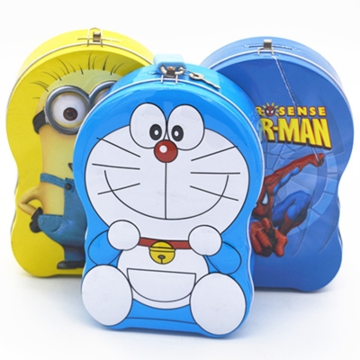 Picture of DoDoraemon metal piggy bank or Doraemon cartoon coin box with lock. It is designed to be a simple, secure container for children's-Multicolor
