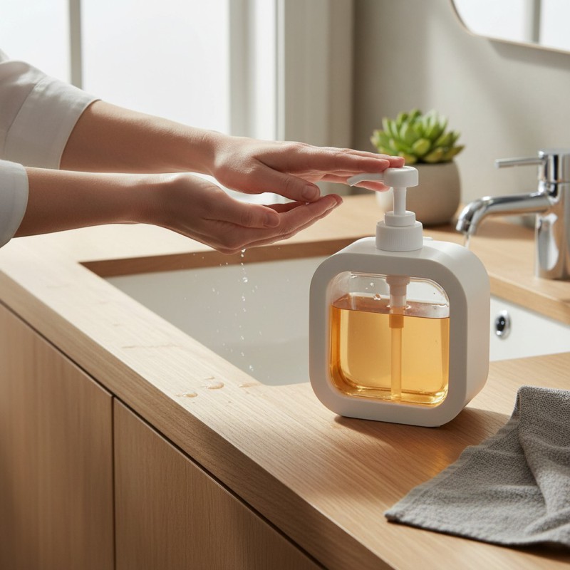 Picture of Modern white square-shaped plastic soap dispenser featuring a clean exterior shell and a clear internal window for easy liquid level monitoring perfect for enhancing your bathroom vanity or modern kitchen sink decor.-white