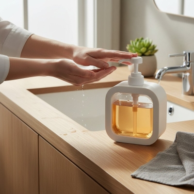 Picture of Modern white square-shaped plastic soap dispenser featuring a clean exterior shell and a clear internal window for easy liquid level monitoring perfect for enhancing your bathroom vanity or modern kitchen sink decor.-white