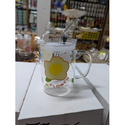 Picture of Floral Design Premium Glass Jar Mug with Handle, Airtight Leak-Proof Lid, and Reusable Straw for Coffee, Milkshakes, Juice, or Water; Elegant Heat-Resistant Borosilicate Drinkware Container Perfect for Stylish Home Decor and Gift.-Multicolor