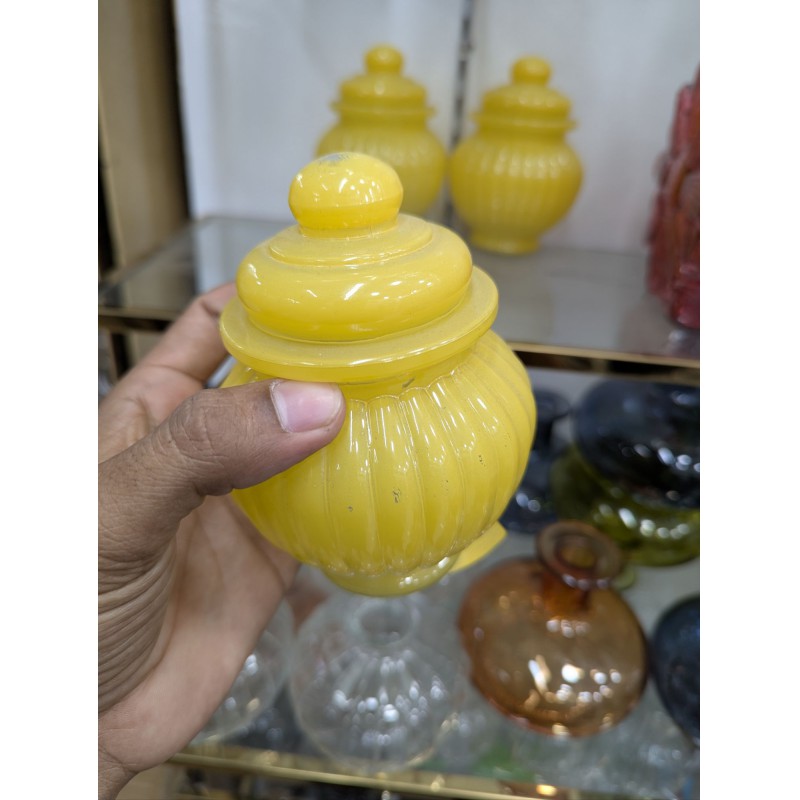 Picture of Premium Quality Set of 3 Yellow Ribbed Glass Jars with Airtight Lids for Modern Kitchen Storage and Home Decor Ideas Perfect for Spices Candy Pickles and Essential Dry Food Items Daily.-Yellow