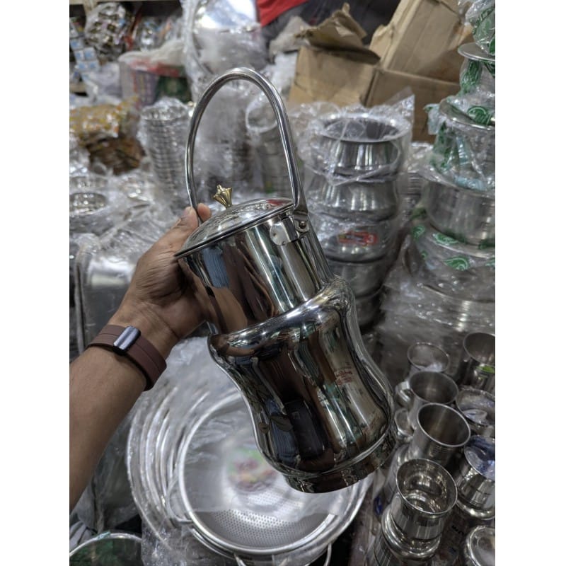 Picture of Premium High-Gloss Mirror Finish Stainless Steel Milk Pot Barni Featuring Elegant Floral Engraving and Decorative Brass Knob Lid Ideal for Hygienic Storage of Fresh Milk Ghee Oil and Kitchen Liquid Items.-Multicolor