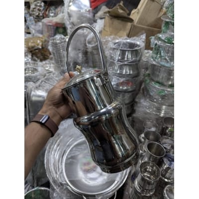 Picture of Premium High-Gloss Mirror Finish Stainless Steel Milk Pot Barni Featuring Elegant Floral Engraving and Decorative Brass Knob Lid Ideal for Hygienic Storage of Fresh Milk Ghee Oil and Kitchen Liquid Items.-Multicolor