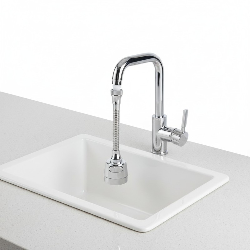 Picture of Universal 360 Degree Rotating Flexible Kitchen Faucet Aerator Extender with Dual Mode Spray Nozzle and Stainless Steel Hose Attachment for Water Saving Performance and Easy Sink Cleaning Access in Modern Homes.-Silver