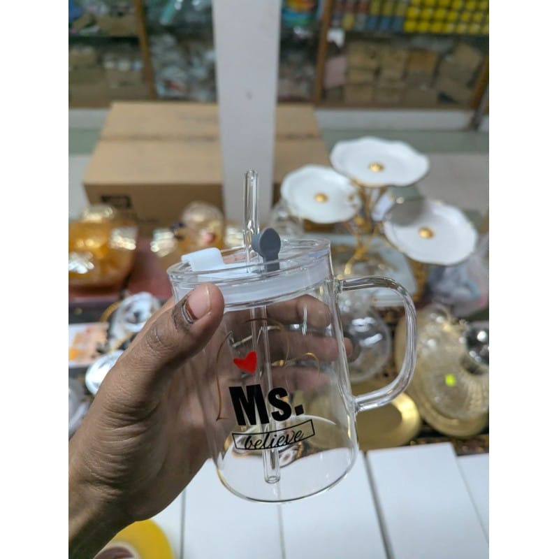 Picture of Premium Heat Resistant Borosilicate Square Glass Mug with Handle, Leakproof Lid, and Reusable Glass Straw – 400ml Stylish Printed Sipper Tumbler for Iced Coffee, Milk, Fresh Juice, and Daily Water Hydration Uses-Multicolor