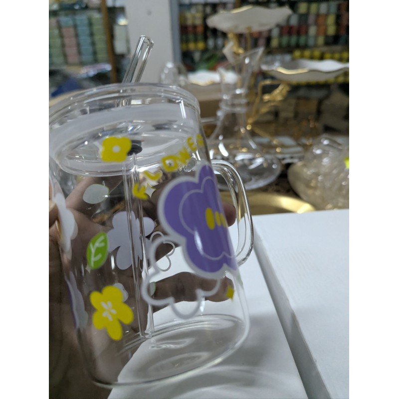 Picture of Floral Design Premium Glass Jar Mug with Handle, Airtight Leak-Proof Lid, and Reusable Straw for Coffee, Milkshakes, Juice, or Water; Elegant Heat-Resistant Borosilicate Drinkware Container Perfect for StylishDecor and Gift.-Multicolor