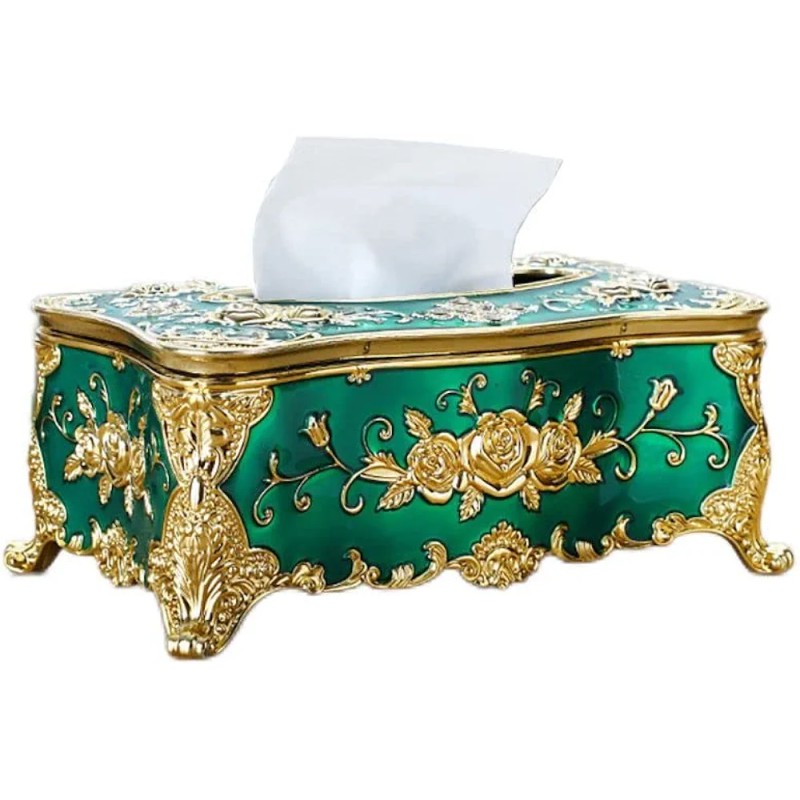 Picture of Tissue Cover Holder,Creative Embossed Roses and Rhinestones Rectangular Acrylic Tissue Box Cover Dispenser Napkin Organizer for Bathroom Bedroom Office and Car (Green-Gold)-Multicolor