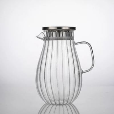 Picture of Stylish 1.8L Glass Carafe with Lid, Durable Borosilicate Body, Amber Striped Texture, Ideal for Cold Water, Juice, Milk, Iced Tea, DIY Drinks, Dishwasher Safe and Refrigerator Friendly-clear-white