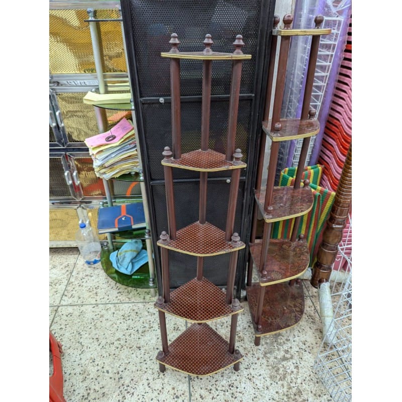 Picture of Home Decorated 5 Layer Partex Wood Corner Shelf with Golden Border for Living Room Storage and Decorative Display of Books Plants or Showpieces in Bedroom Office or Modern Apartment Corners BD.-Multicolor