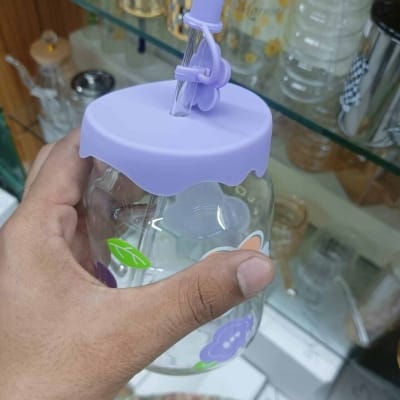 Picture of Stylish & Lightweight 400ml Borosilicate Glass Juice Mug | Printed Multi-Color Jar with Handle | Glass Straw & Silicone Cap-purple