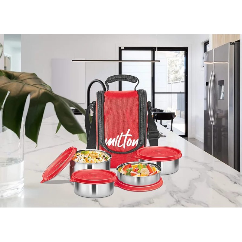 Picture of Milton Tasty 4 Stainless Steel Lunch Box with bag, Red 3 in 1. 200,320 & 500 ml-Red