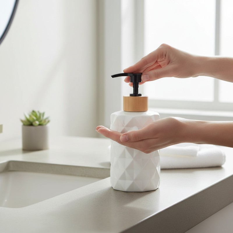 Picture of Premium white ceramic refillable soap dispenser for bathroom or kitchen sink use featuring a durable pump mechanism perfect for holding liquid hand soap and lotions in your modern home decor setup today.-white