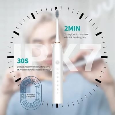 Picture of Electric Toothbrushes, USB Rechargeable Ultrasonic Tooth Brush with 4 Brush Heads 6 Cleaning Modes and Smart Timer IPX7 Waterproof Cleaning Toothbrushes for Adults and Kids (White-Multicolor
