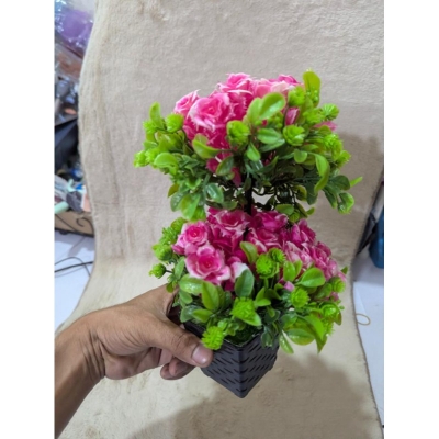 Picture of Premium Two-Tier Pink Artificial Rose Bonsai Tree in Black Decorative Pot for Home and Office Table Decor-Multicolor