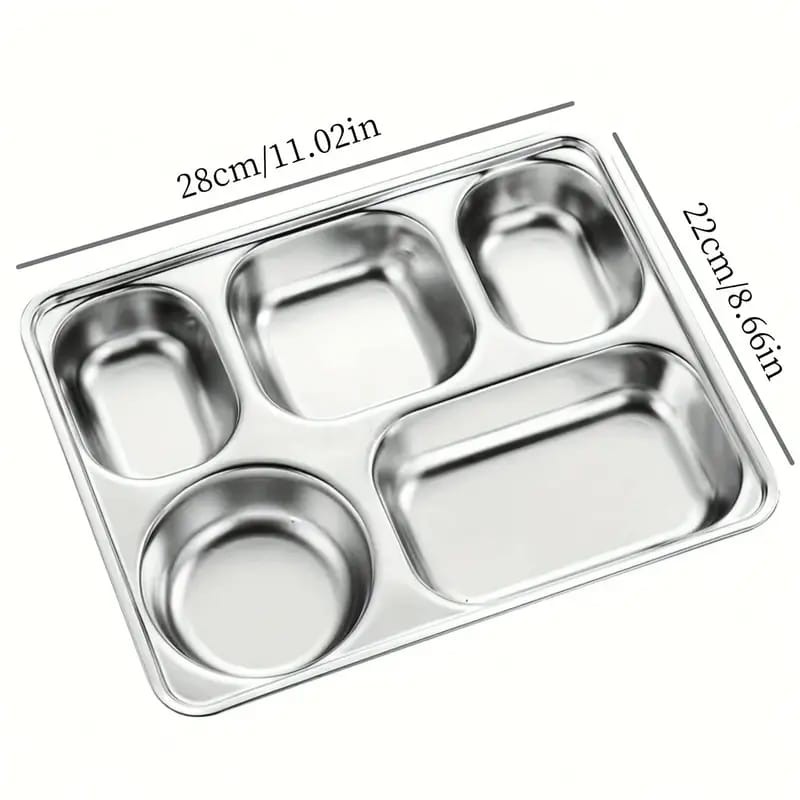 Picture of 1pcs Heavy-Duty Commercial Stainless Steel Five-Compartment Food Tray -weight lid, Large Restaurant Plate for Catering, School Cafeteria, Party, Home Kitchen - Ideal for Pasta, Meat, Vegetables, Desserts - Easy-Clean & Space-Saving Design, Catering Essent-Silver