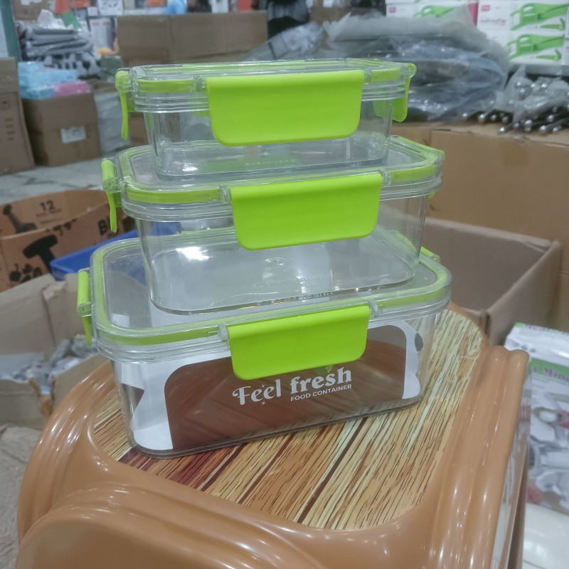 Picture of 3 pcs set 1200ml,800 ml & 300 ml Feel Fresh Rectangular PET Food Container, transparent green color lid-Multicolor