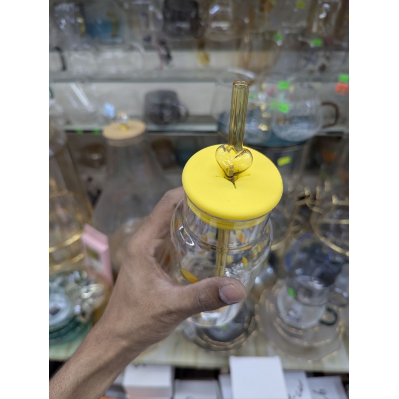 Picture of Lemon Print Sipper Glass 16oz capacity with Airtight Yellow Lid and Matching Glass Straw for Refreshing Summer Drinks Iced Coffee Smoothies Juices and Fruit Infused Water at Home Office or Outdoors.-Multicolor