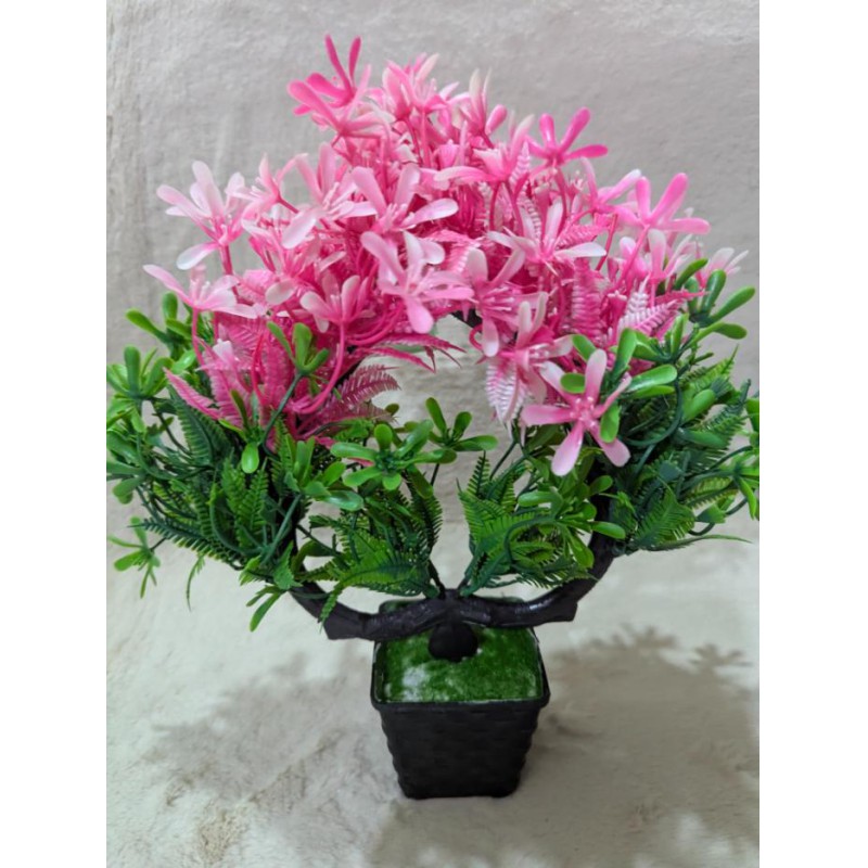 Picture of Artificial Pink Cherry Blossom Bonsai Tree in Black Pot for Indoor Home Office Tabletop Decorative Display-Multicolor