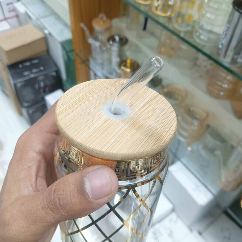 Picture of Modern Printed Can Shaped Glass – 1Pc 400ml Borosilicate Glass with Bamboo Lid & Glass Straw – Lightweight, Durable, Scratch Resistant & Microwave Safe – Perfect for Cold Beverages-Golden