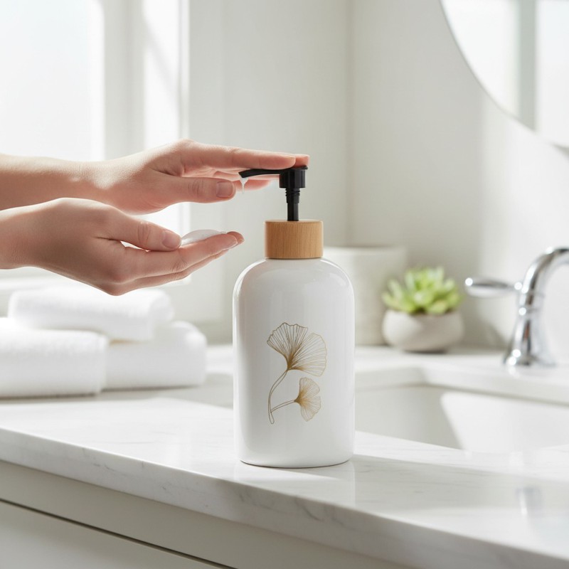 Picture of Elegant white ceramic soap dispenser featuring a luxury gold-toned ginkgo leaf design and a stylish wood-look top with a durable black pump perfect for enhancing your modern bathroom vanity or kitchen sink.-white