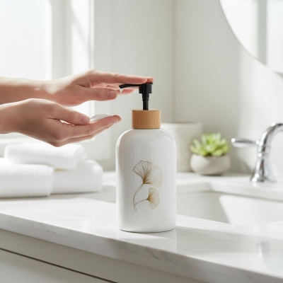 Picture of Elegant white ceramic soap dispenser featuring a luxury gold-toned ginkgo leaf design and a stylish wood-look top with a durable black pump perfect for enhancing your modern bathroom vanity or kitchen sink.-white
