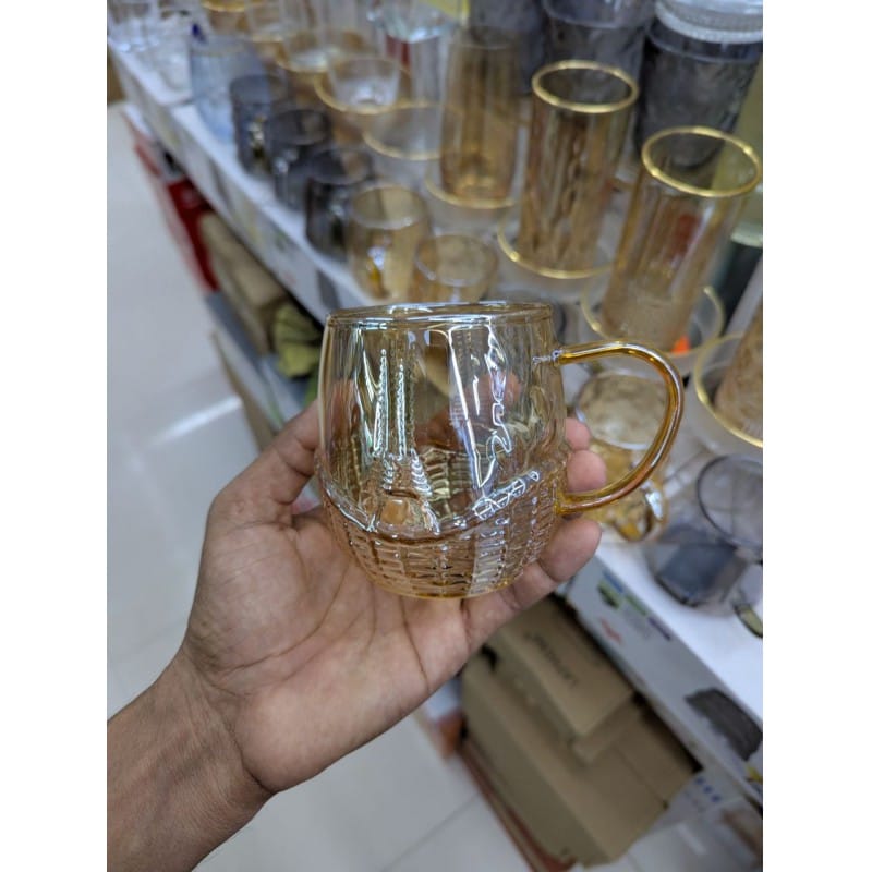 Picture of Premium Borosilicate Amber Glass Coffee Mug, Heat-Resistant, 400ml Capacity, European Style with Elegant Gold Handle & Eiffel Tower Graphic, Ideal for Hot & Cold Beverages, Tea, Juice, Milk-Gold