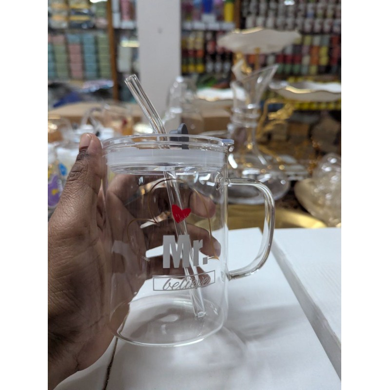 Picture of Premium Aesthetic Clear Glass Pookie Mug with Handle, Leak-Proof Lid, and Reusable Straw - Ideal Square Shape Designer Drinking Glass for Milk, Iced Coffee, Juice, and Tea-Multicolor