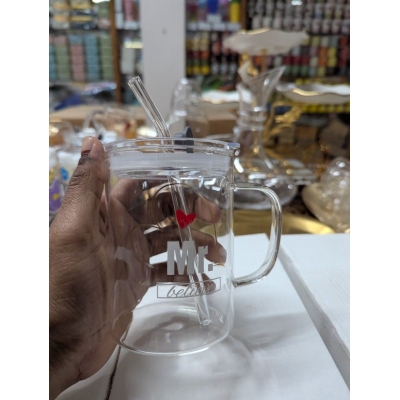 Picture of Premium Aesthetic Clear Glass Pookie Mug with Handle, Leak-Proof Lid, and Reusable Straw - Ideal Square Shape Designer Drinking Glass for Milk, Iced Coffee, Juice, and Tea-Multicolor