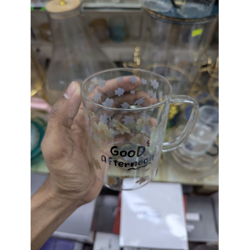 Picture of Premium Floral Borosilicate Glass Coffee Mug with Good Afternoon Print, Heat Resistant Tea Cup for Home and Office Use, Durable and Lightweight Glassware for Hot or Cold Drinks, Perfect Gift Idea.-Multicolor