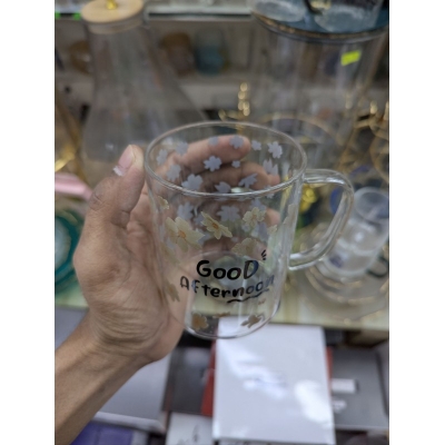 Picture of Premium Floral Borosilicate Glass Coffee Mug with Good Afternoon Print, Heat Resistant Tea Cup for Home and Office Use, Durable and Lightweight Glassware for Hot or Cold Drinks, Perfect Gift Idea.-Multicolor
