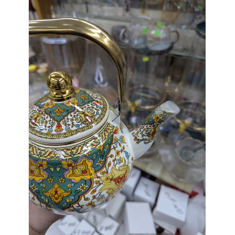 Picture of Premium Floral Enamel Tea Kettle with Vintage Gold Handle, 2.5L Capacity, Bohemian Style Porcelain on Steel Stovetop Teapot for Induction, Gas, Electric Stoves, Durable Non-Toxic Decorative Kitchenware for Modern Homes.-Multicolor