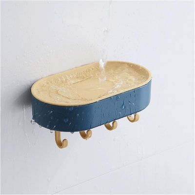 Picture of Multifunctional Wall Mounted Soap Box with Hooks for Bathroom and Kitchen Storage Waterproof Self Draining Soap Dish Holder No Drill Suction Cup Soap Tray Rack for Shower Sponge Scrubber Razor Holder-Multicolor