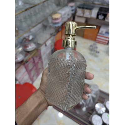Picture of Elegant 400ml Clear Vintage Embossed Bobble Glass Liquid Soap Dispenser with Rust-Proof Gold Pump for Modern Bathroom Vanity, Kitchen Countertop, Refillable Hand Soap, Dish Soap, Essential Oils, and Luxury Lotion Storage Solutions.-Multicolor