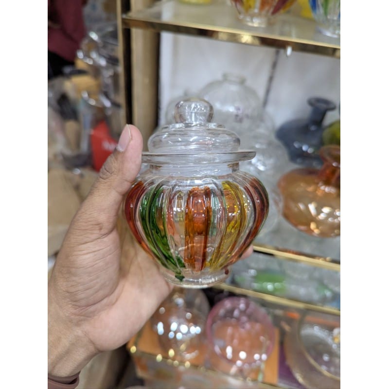 Picture of Set of 3 Multicolor Glass Storage Jars with Airtight Lids for Kitchen Countertop Organization Decorative Candy Dishes Ribbon Striped Clear Glass Canisters for Bulk Food Sugar Spices Flour and Snacks.-Multicolor
