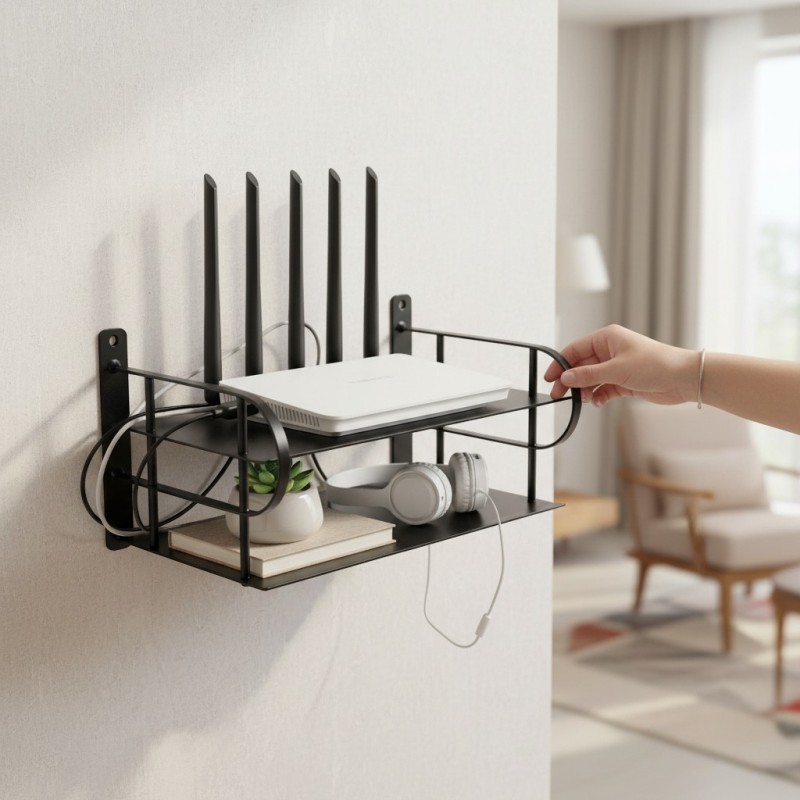 Picture of Modern Wall Hanging Storage Unit for Electronics, Multi-functional Floating Metal Wire Rack for Routers, Media Players, Set-Top Boxes, Streaming Devices, Cable Management Organizer, Sleek Home Office Decor, Easy Mount Hardware.-Black