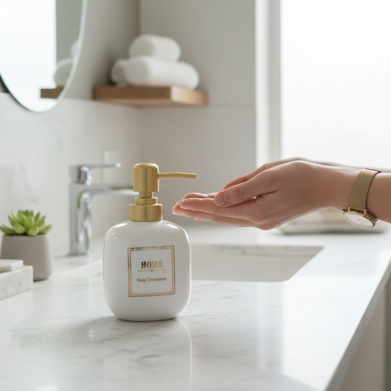 Picture of Luxury white marble ceramic soap dispenser featuring a premium gold-toned pump and decorative HOME printed label perfect for enhancing your bathroom vanity decor or modern kitchen sink countertop with elegant style today.-white