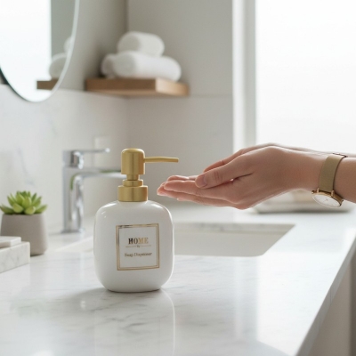 Picture of Luxury white marble ceramic soap dispenser featuring a premium gold-toned pump and decorative HOME printed label perfect for enhancing your bathroom vanity decor or modern kitchen sink countertop with elegant style today.-white
