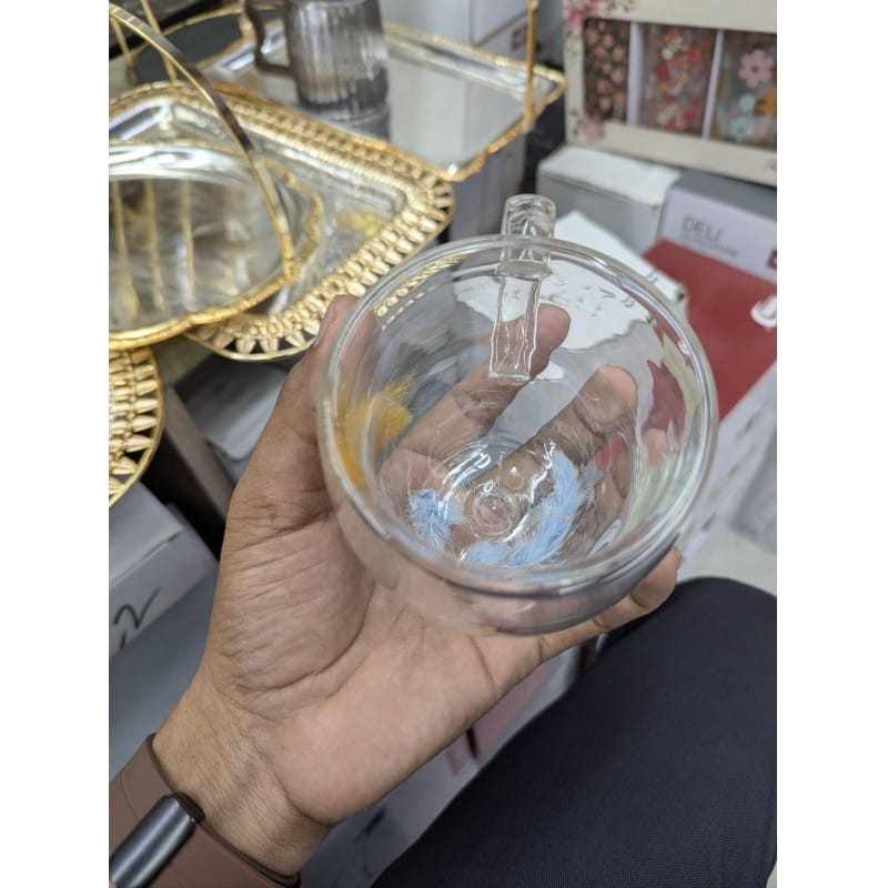 Picture of Premium High Borosilicate Double Wall Glass Coffee Mug with Beautiful Floating Colorful Feathers Design 350ml Heat Resistant Tea Cup for Hot and Cold Beverages Perfect for Gifting and Daily Home Use.-Multicolor