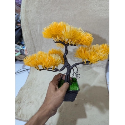 Picture of Artificial Yellow Bonsai Tree in Black Pot for Home Office Desktop Decoration Vibrant Faux Pine Greenery Plant-Yellow